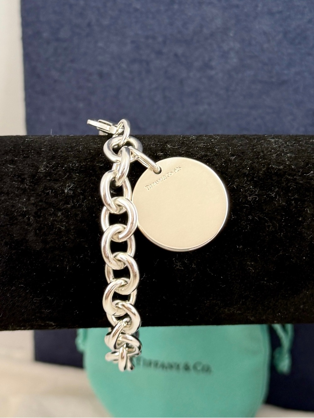 TIFFANY & CO Sterling Silver 24mm Blank Round Circle Tag Charm Bracelet 7.5” COA